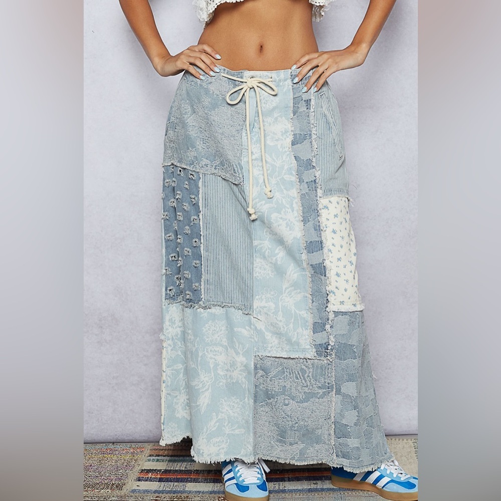 🍒 POL “Indigo Patches Maxi” Long Maxi Denim Skirt